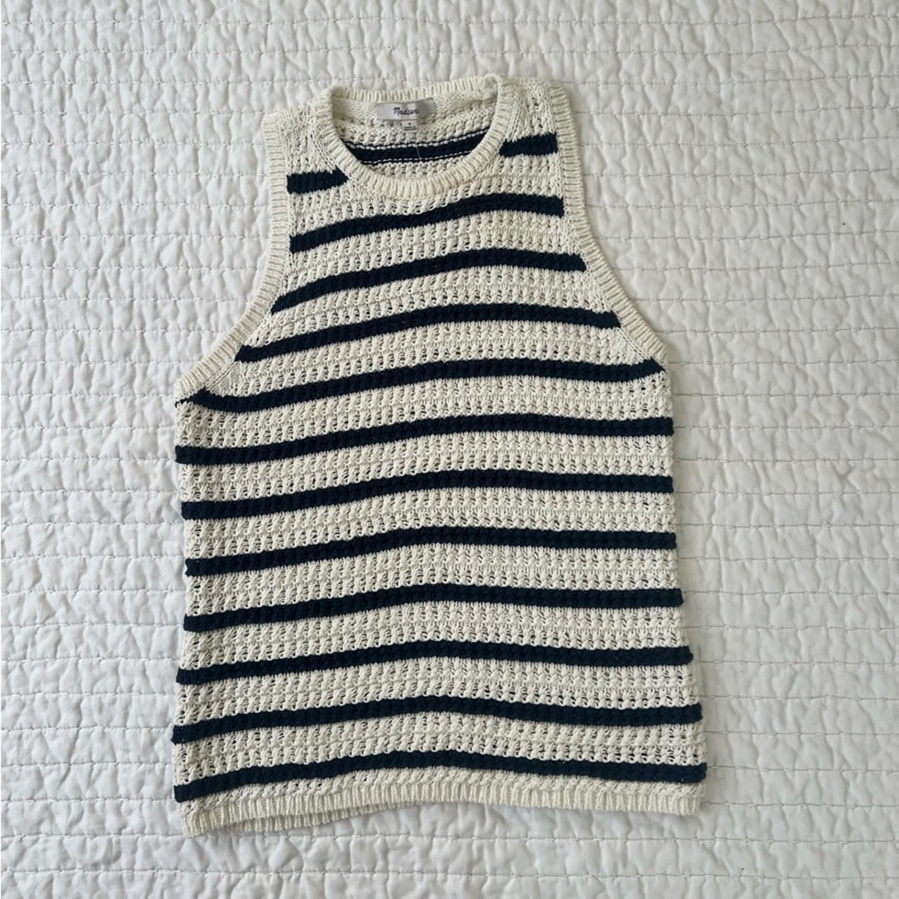 Madewell Cream and Navy Blue Striped Crocheted Top